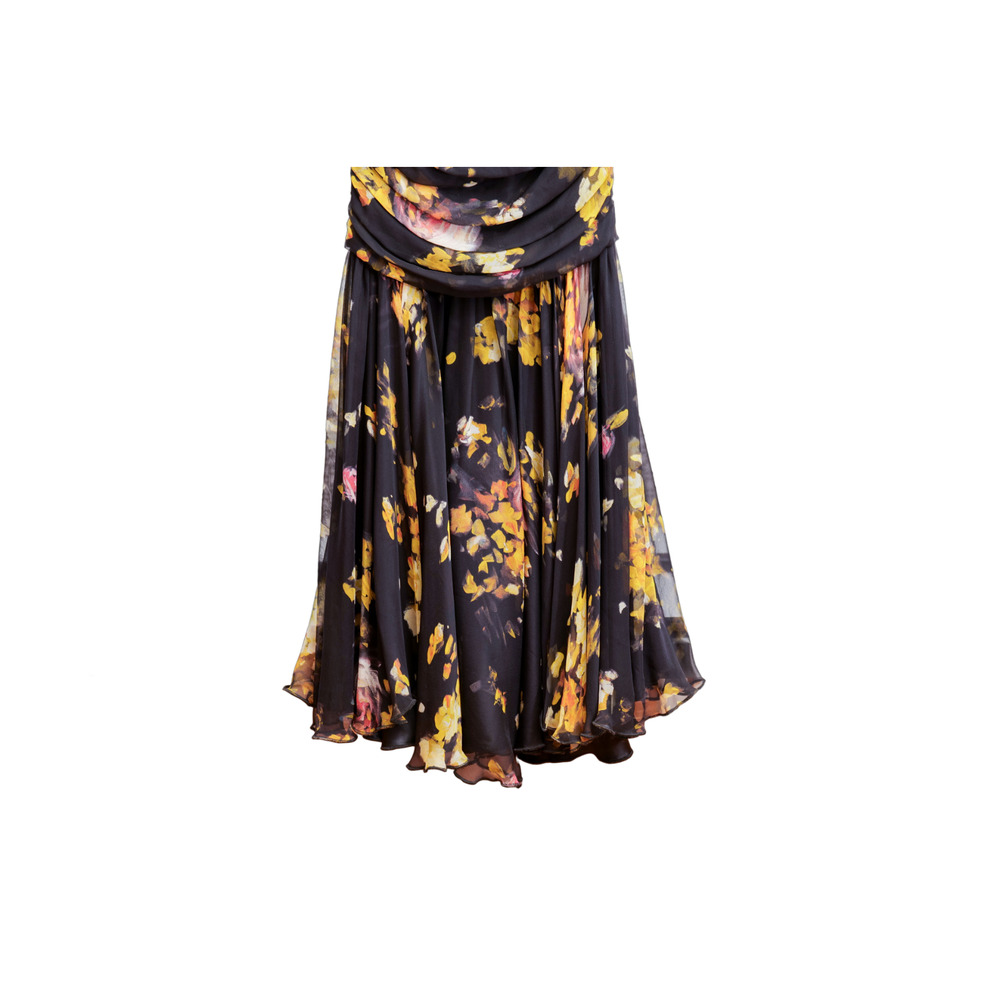 Dolce & Gabbana Black Yellow Floral Ruched Silk Chiffon Evening Gown (IT38/US 2) - Picture 7 of 12